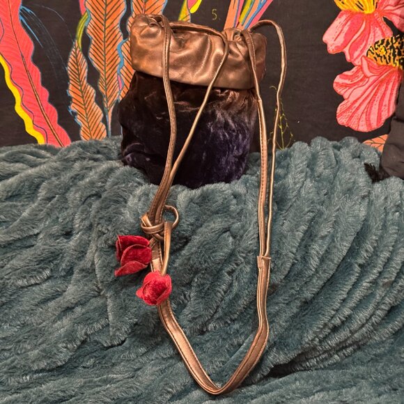 Velvet + Leather Small Drawstring Bucket Bag, Multi-Color with Velvet Flowers - Picture 2 of 15